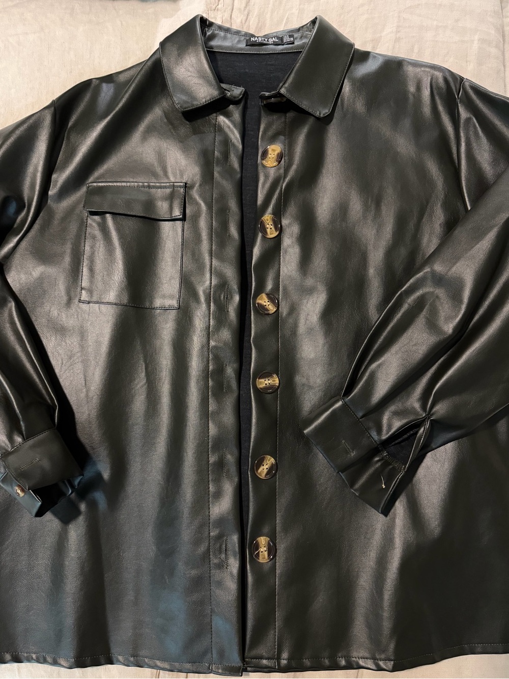 Nasty Gal Green Faux Leather Button-Front Shirt Jacket